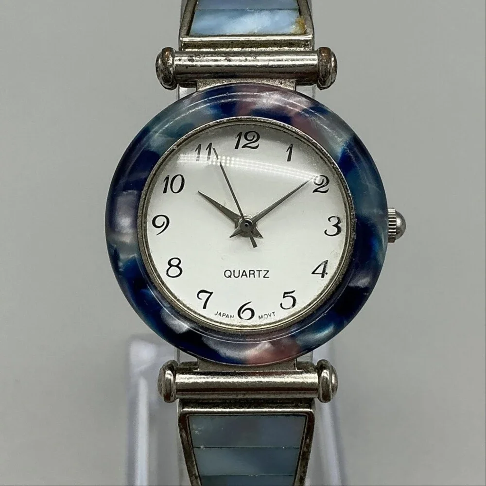 Avon F69038-1/P Women Watch 27mm Silver Tone Blue Bezel Stretch Band New Battery